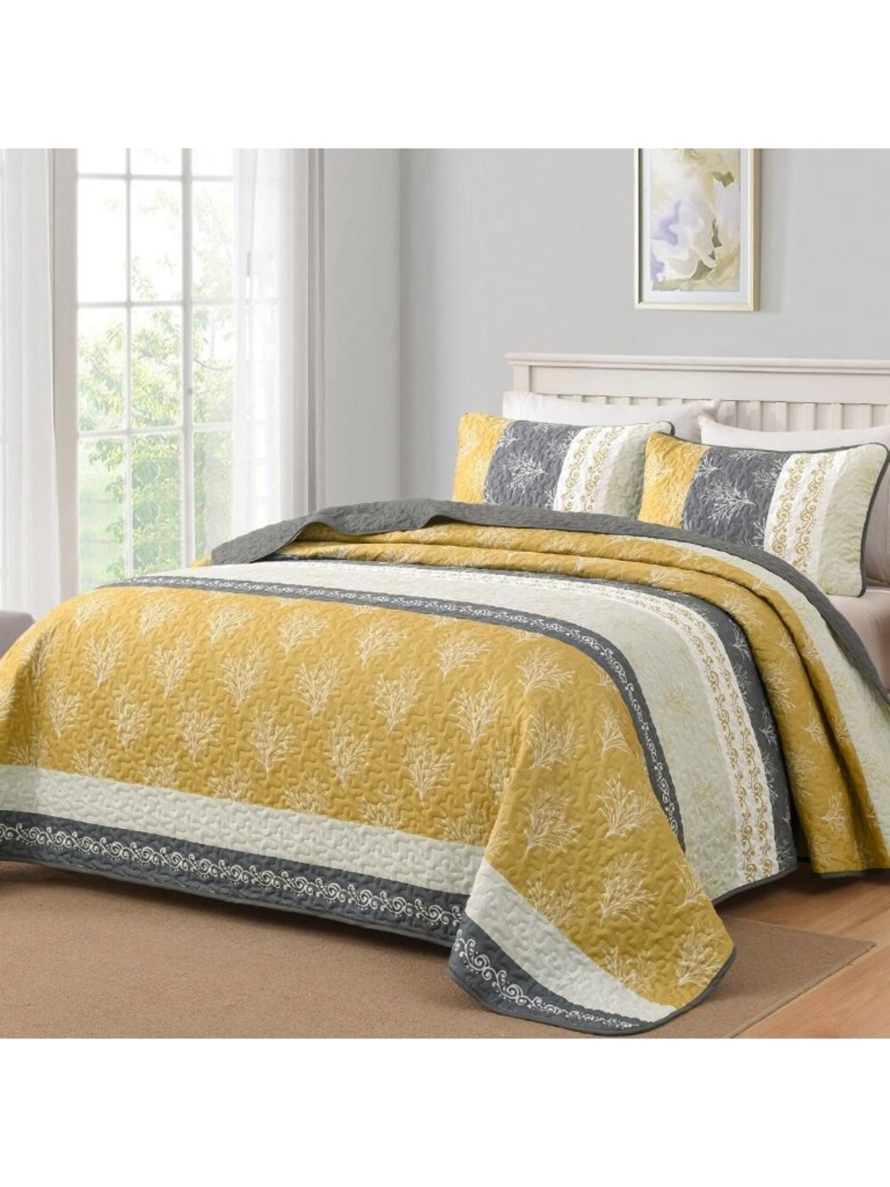Boho Lightweight King Quilt Set, Striped Branch Bedspread, Yellow Bedding Decor